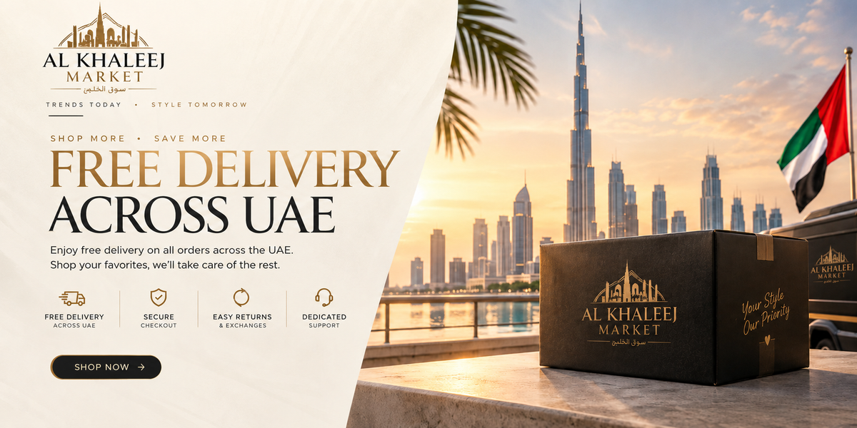 Promotional banner for Al Khaleej Market showing a black branded product box on a balcony with a sunset city skyline and Burj Khalifa in the background, alongside marketing text about free delivery across the UAE.